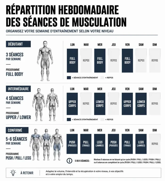 Infographie de la fréquence d'entraînement en musculation selon le niveau et l'objectif pour progresser efficacement