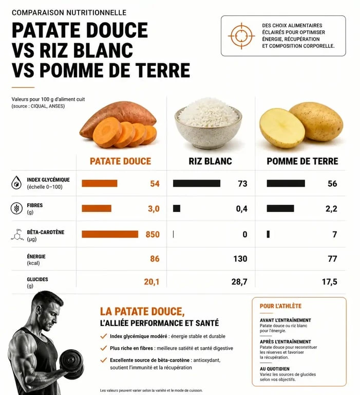 Infographie comparative des apports nutritionnels de la patate douce pour la musculation