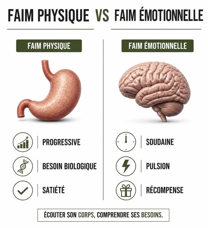 Infographie comparant la faim physique et la faim émotionnelle pour mieux comprendre comment arrêter de manger par pulsion.