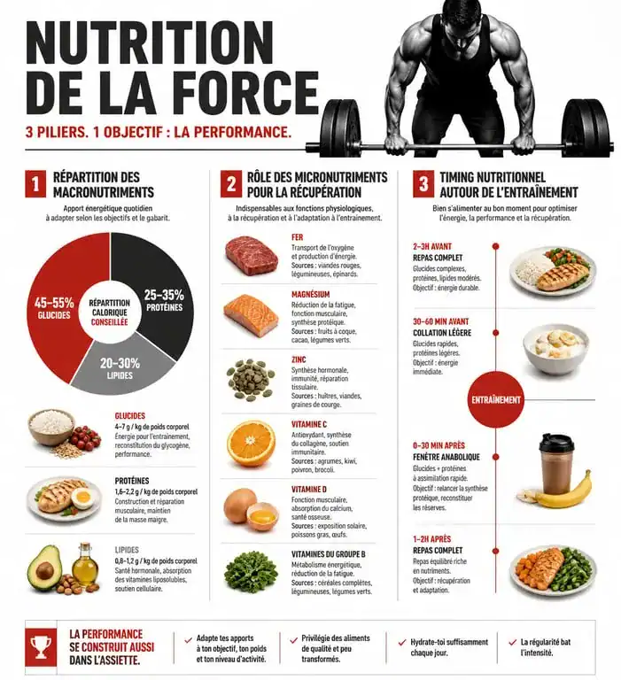 Infographie sur la nutrition de la force et l'optimisation des performances musculaires