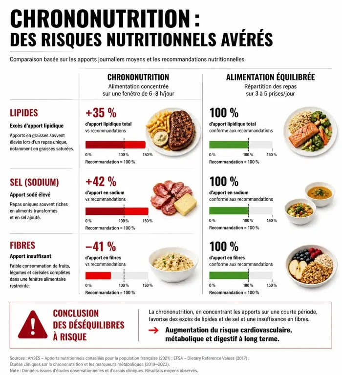 Infographie comparant les dangers de la chrononutrition et les principes d'une alimentation équilibrée pour la santé.