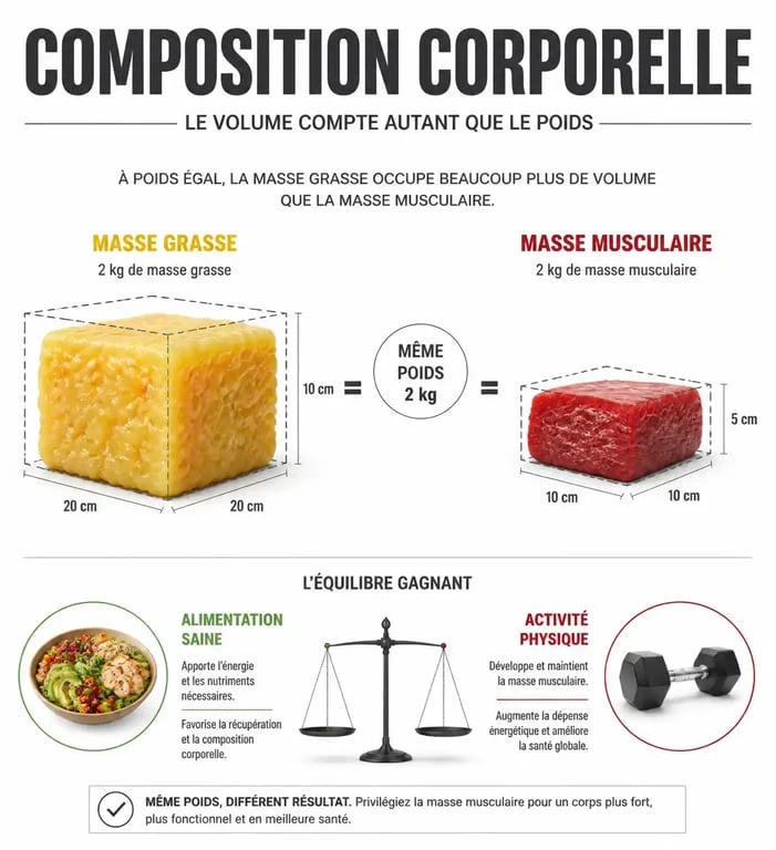 Infographie sur la composition corporelle pour un corps svelte : différence entre masse grasse et masse musculaire