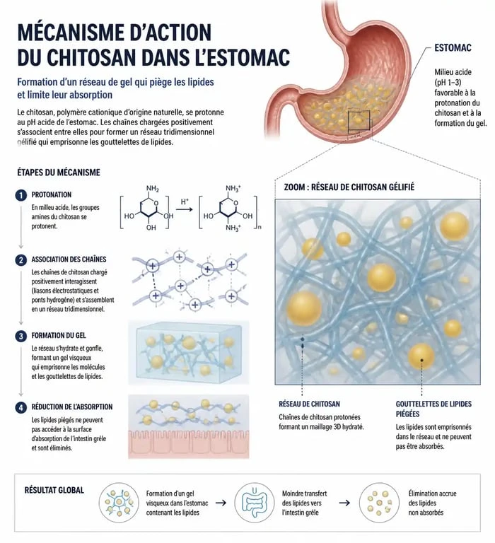 Infographie expliquant le mécanisme d'action du chitosan comme capteur de graisses dans l'organisme