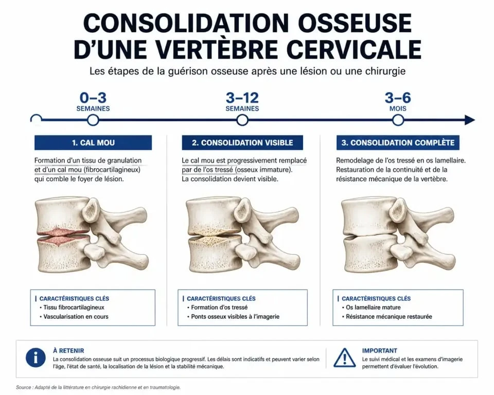 Infographie des étapes de guérison d'une fracture cervicale et temps de consolidation osseuse