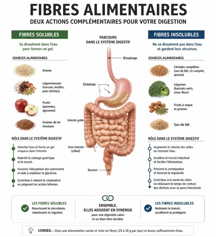 Infographie sur les bienfaits des aliments contenant des fibres pour la santé digestive
