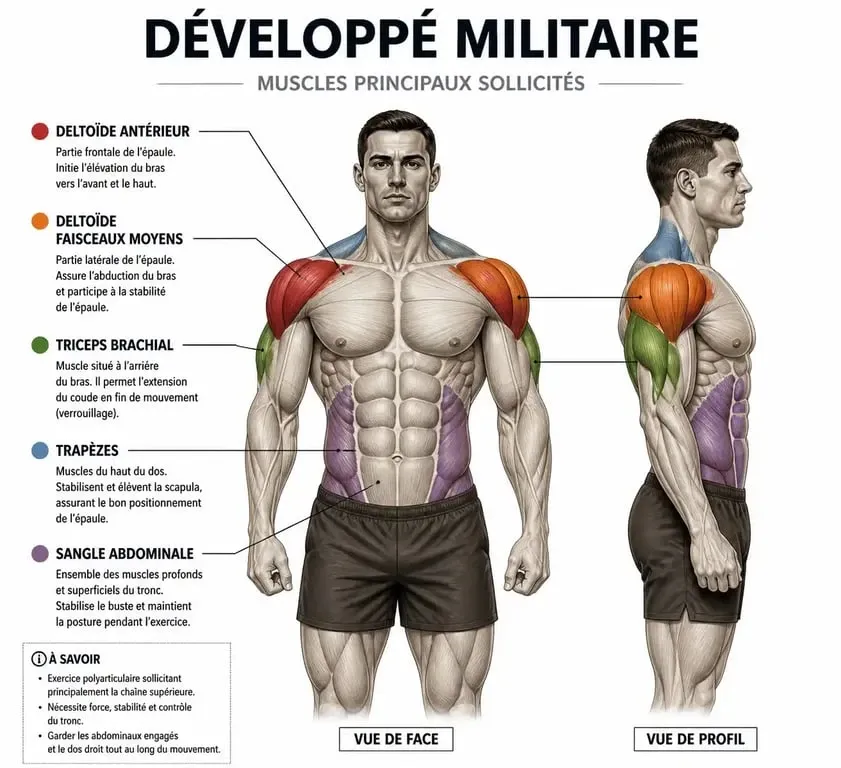 Schéma anatomique des muscles sollicités lors du développé militaire