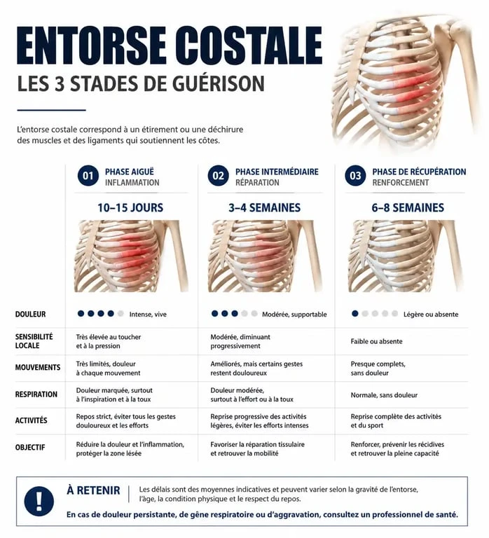 Infographie sur les délais de guérison et les symptômes d'une entorse costale