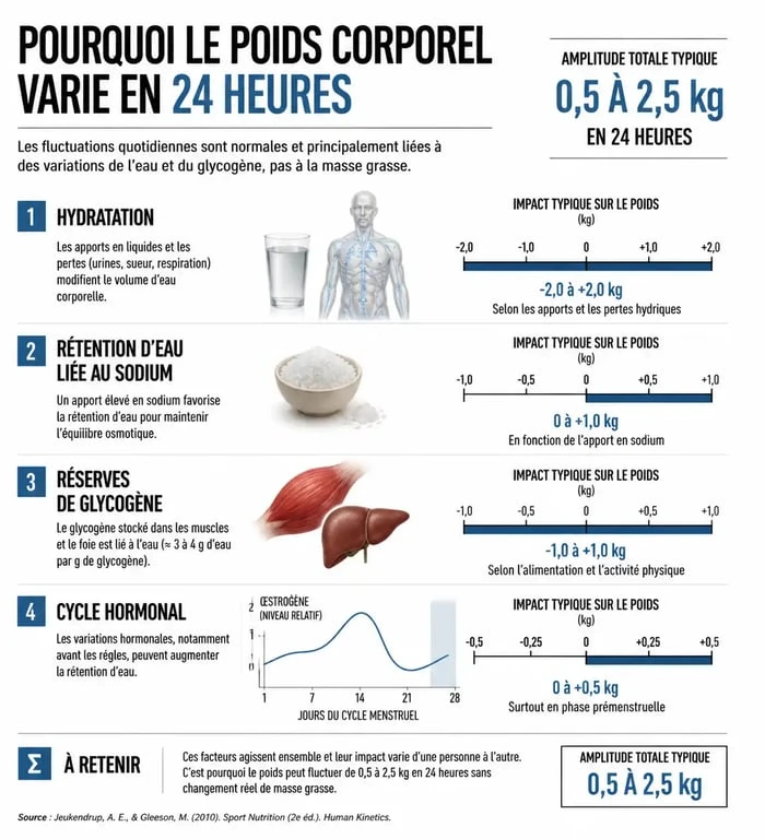 Infographie explicative des facteurs de variation du poids corporel lors de la pesée quotidienne
