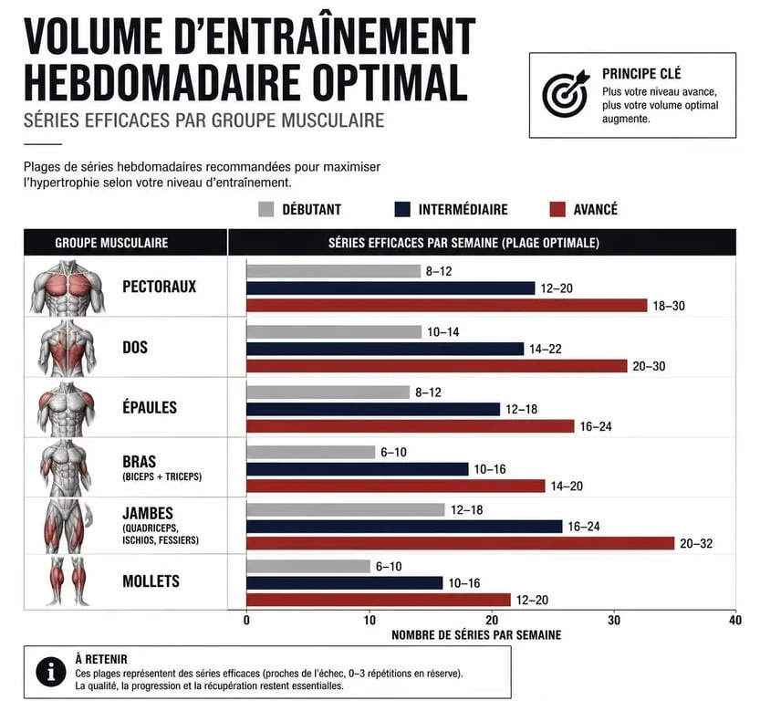 Tableau comparatif du nombre de séries par muscle par semaine selon le niveau en musculation