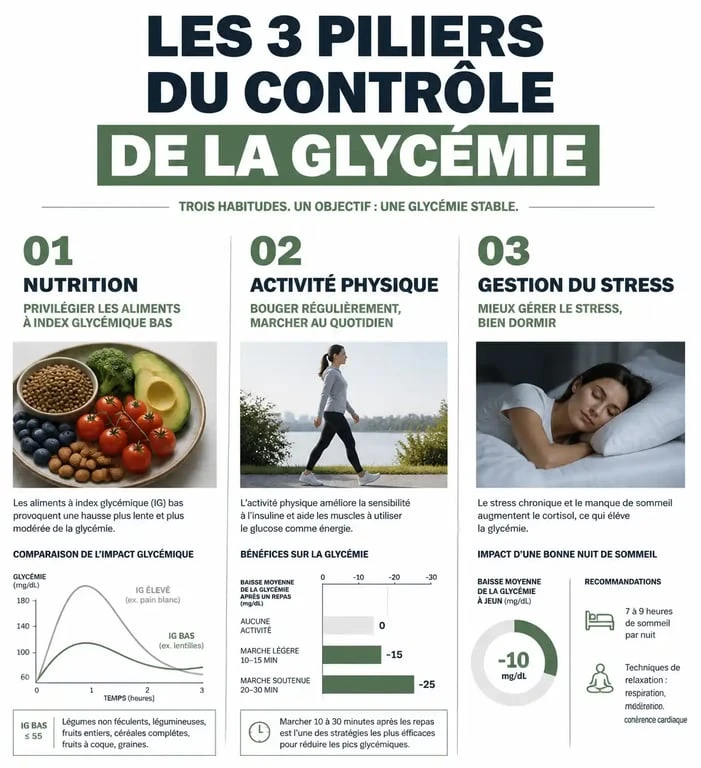 Infographie illustrant les trois piliers pour faire baisser la glycémie : alimentation, activité physique et gestion du stress