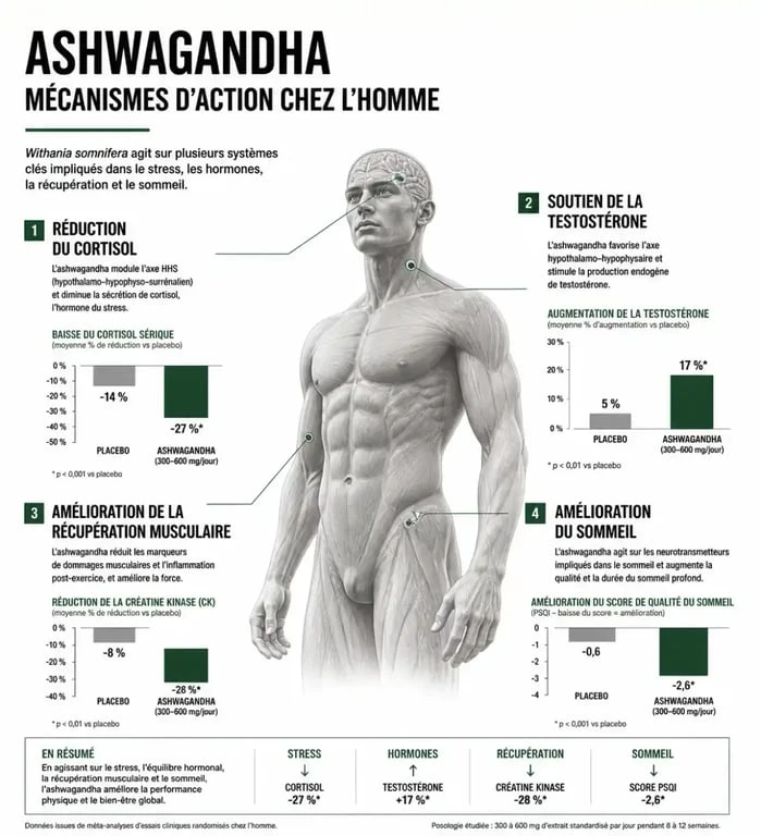 Infographie des bienfaits de l'ashwagandha pour les hommes : testostérone, stress et performance physique