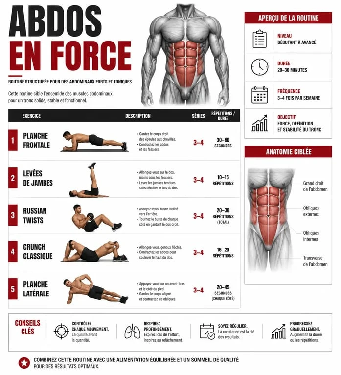 Infographie du programme d'exercices pour avoir des abdos rapidement