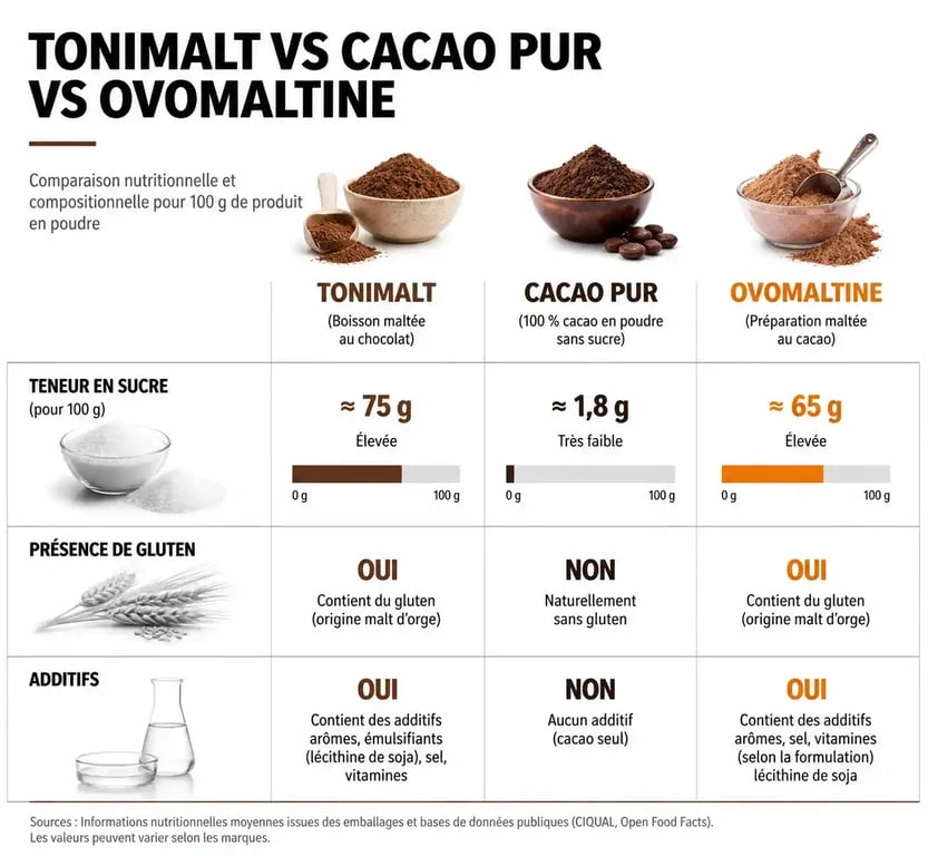 Infographie comparative des risques nutritionnels et composition du Tonimalt, cacao pur et Ovomaltine