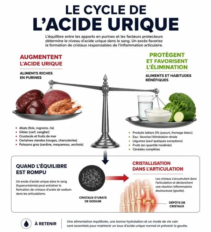 Infographie sur l'alimentation pour la crise de goutte : équilibre entre aliments riches en purines et aliments recommandés