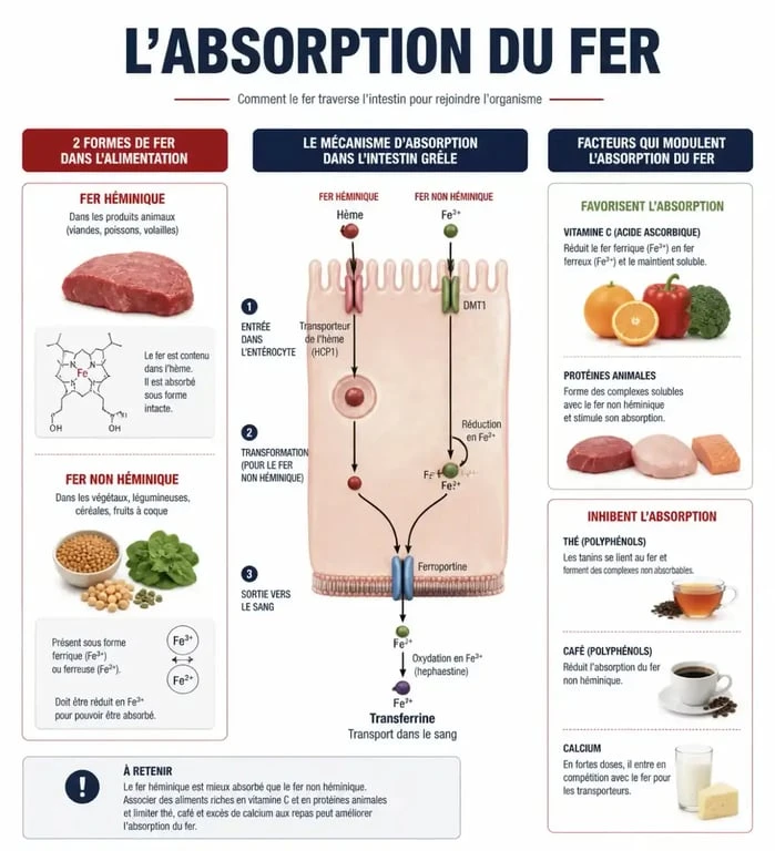 Infographie sur l'absorption du fer alimentaire et les aliments pour manque de fer