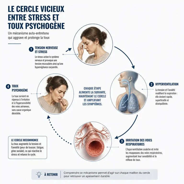 Schéma explicatif du mécanisme de la toux psychogène liée au stress et à l'anxiété