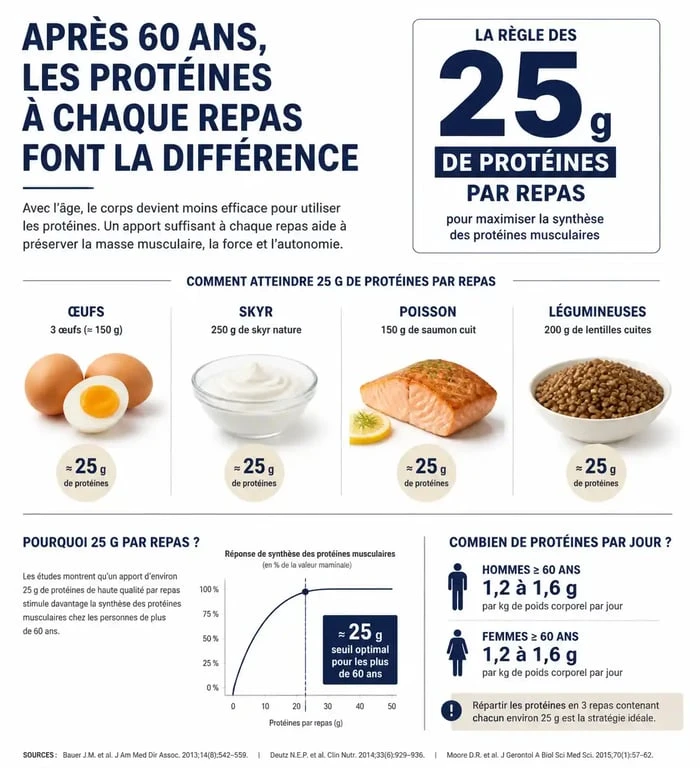 Infographie sur les aliments riches en protéines pour personnes âgées et la répartition des apports nutritionnels