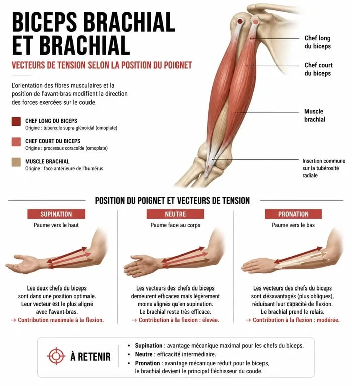 Schéma anatomique des muscles du bras pour l'exercice bicep avec haltère
