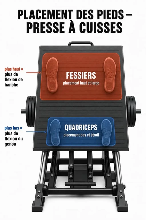 Schéma de placement des pieds sur presse à cuisses pour cibler les fessiers