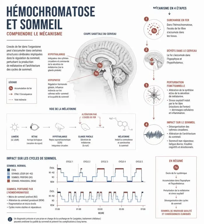 Schéma explicatif du lien entre hémochromatose et troubles du sommeil