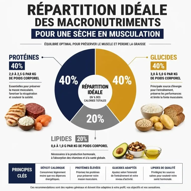 Infographie montrant la répartition des macronutriments pour réussir sa sèche en musculation
