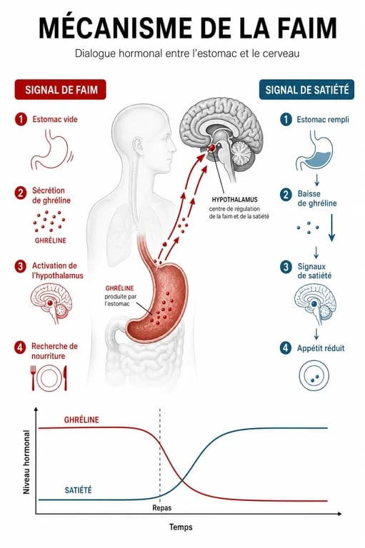 Schéma explicatif du mécanisme de la faim et de la sensation de faim permanente dans l'estomac