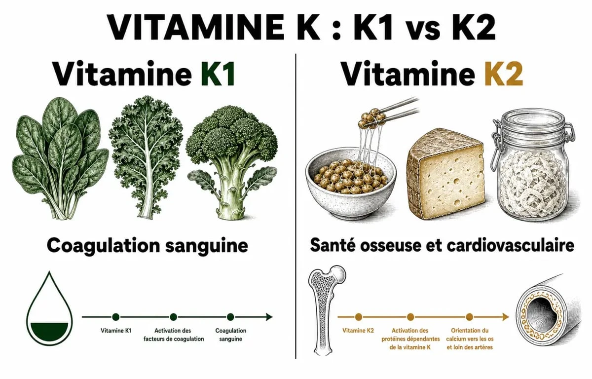 Infographie comparative des sources et bienfaits des aliments riches en vitamine K1 et K2