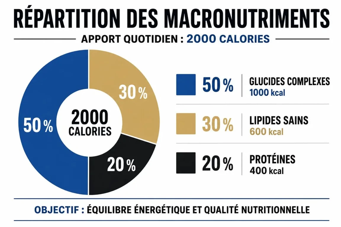Infographie de la répartition des macronutriments pour un régime de 2000 calories par jour