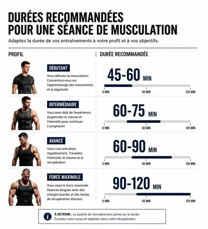 Infographie sur la durée idéale d'une séance de musculation selon le niveau et les objectifs