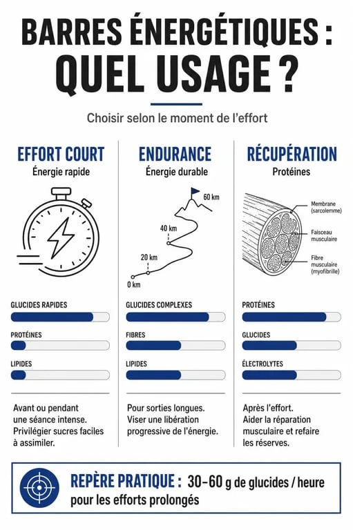 Infographie sur les barres énergétiques pour sportifs selon l'effort