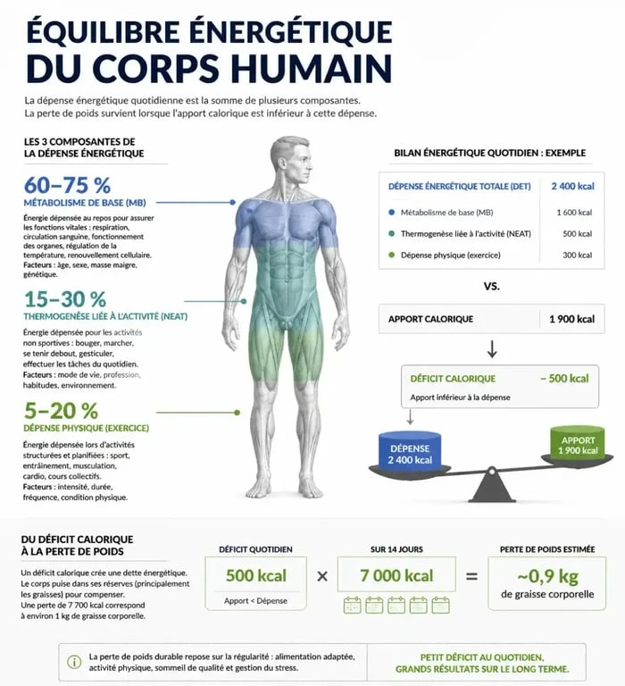 Schéma explicatif du déficit calorique et de la dépense énergétique totale pour la perte de poids