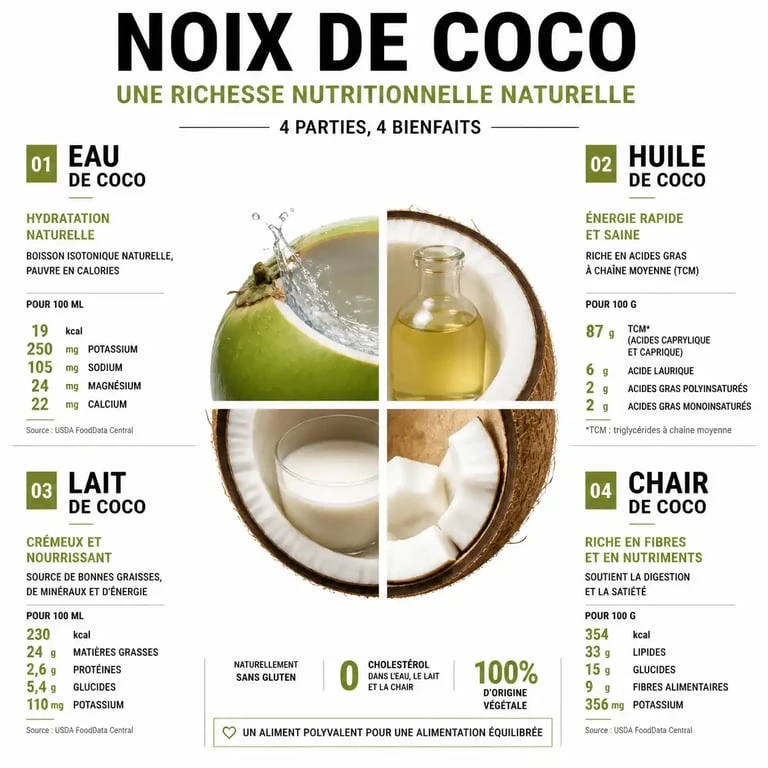Infographie des bienfaits de la noix de coco : nutriments et usages santé