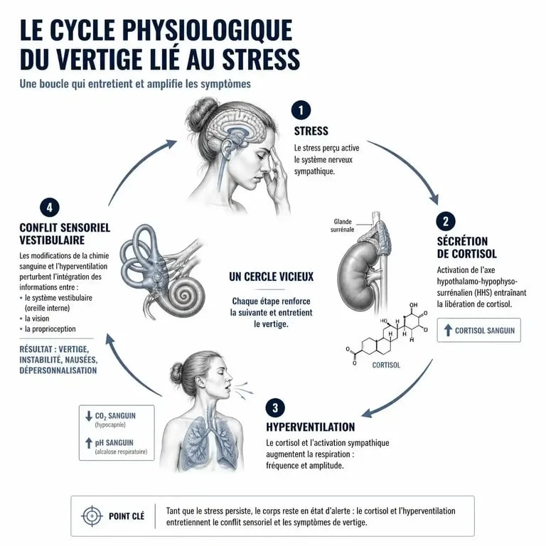 Schéma explicatif du mécanisme physiologique reliant le stress et les vertiges