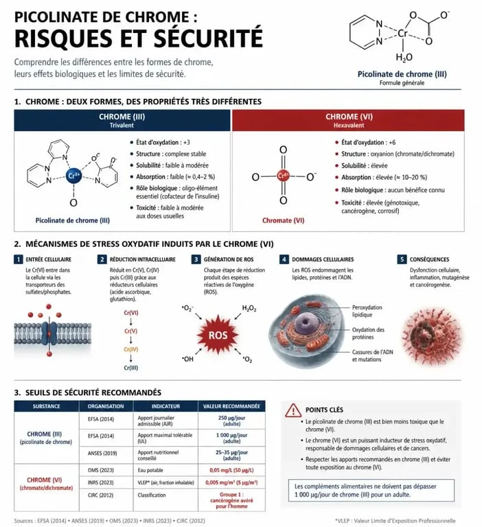 Infographie sur les dangers et risques du picolinate de chrome : comparaison des formes de chrome et mécanismes de toxicité.