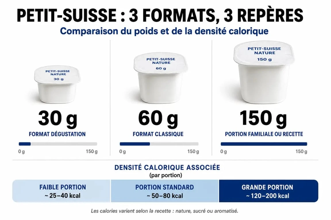 Comparatif visuel du poids et des apports nutritionnels des différents formats de petit suisse