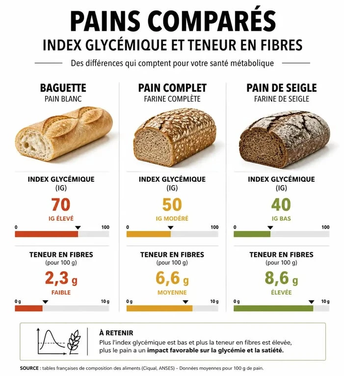Infographie comparative des types de pain : index glycémique et fibres pour savoir combien de pain par jour consommer.