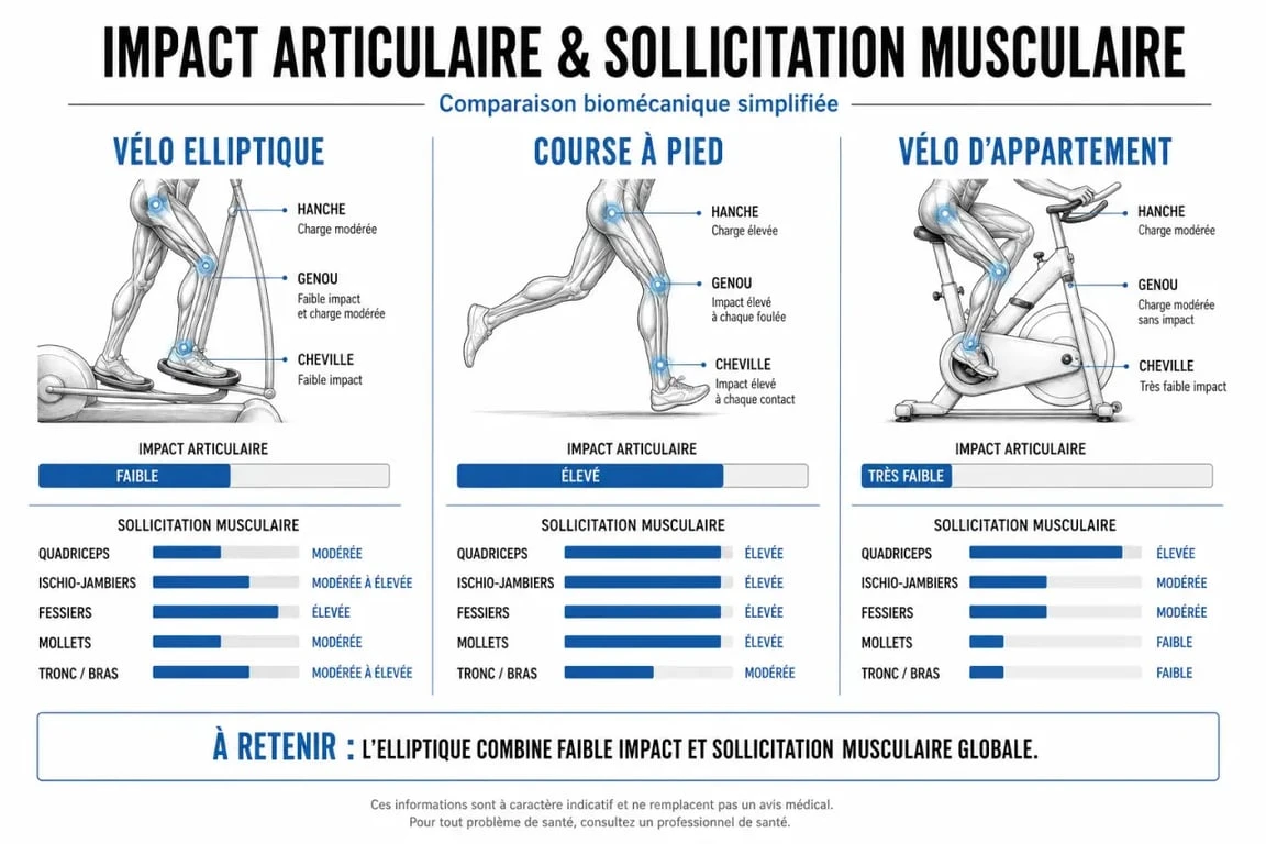 Infographie comparative des bienfaits du vélo elliptique selon l'avis d'un kinésithérapeute