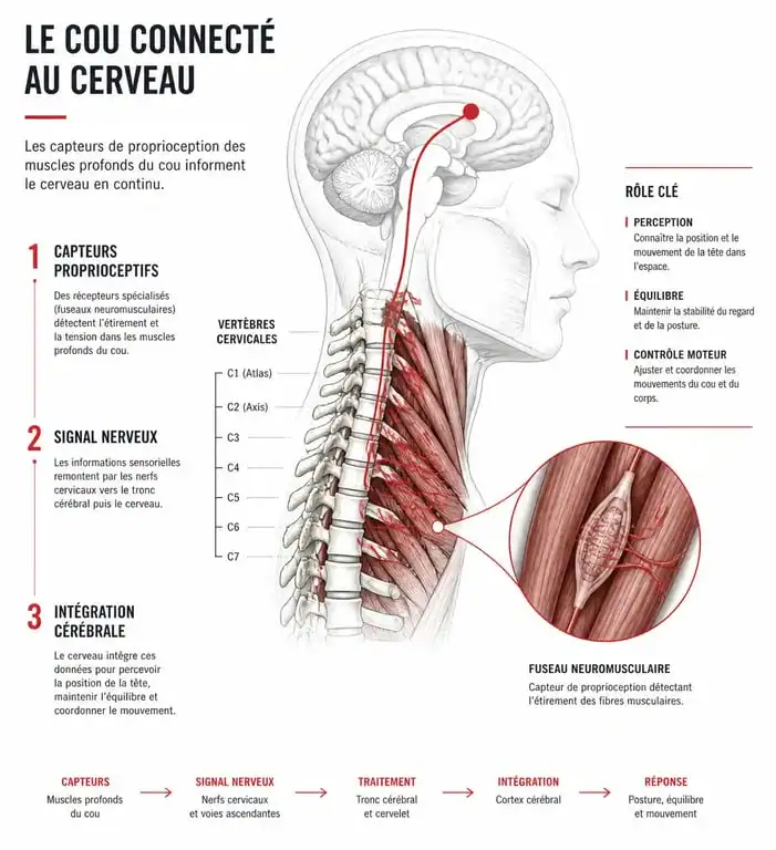 Schéma explicatif du mécanisme des vertiges dus aux cervicales et de la proprioception