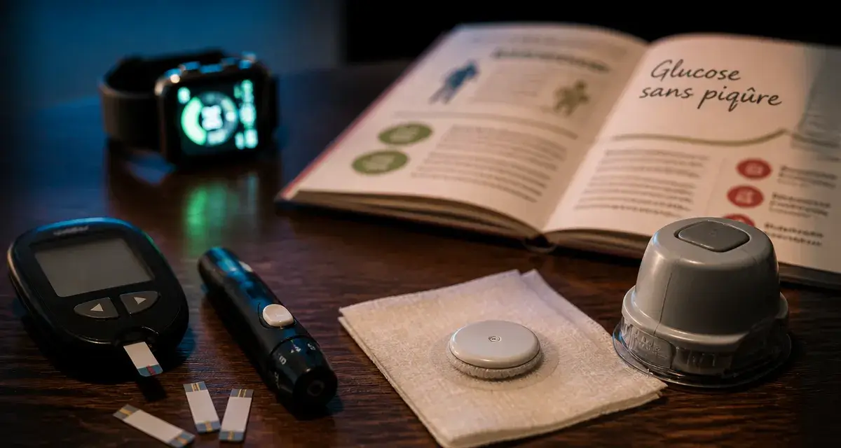 Lecteur de glycémie sans piqure et capteur CGM sur table avec montre connectée non homologuée
