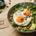 oeufs au plat proteines : deux œufs au plat, quinoa et avocat, pour une satiété durable