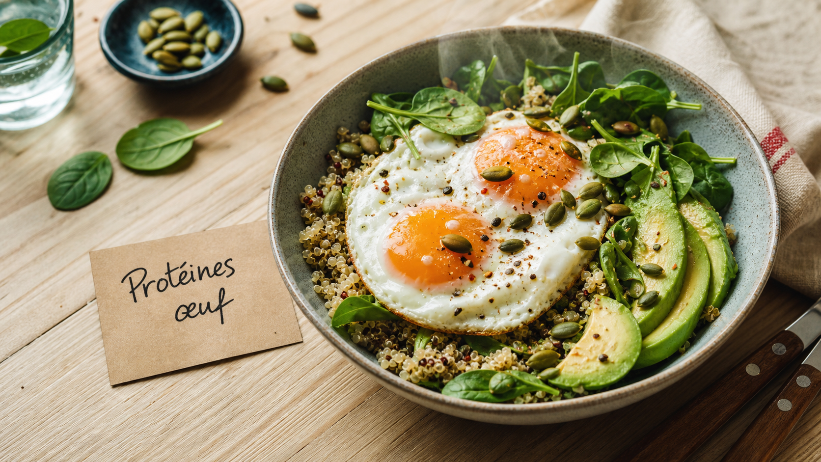 oeufs au plat proteines : deux œufs au plat, quinoa et avocat, pour une satiété durable