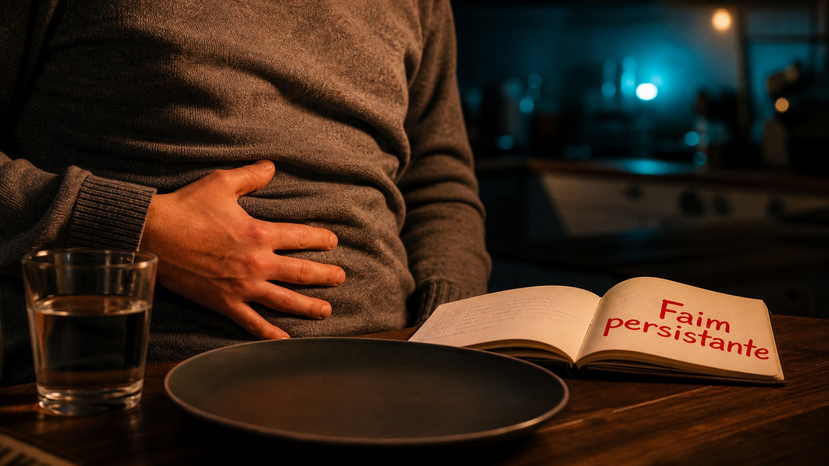 Sensation de faim permanente estomac, main sur le ventre