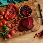 Aliment rouge : tomate cerise, betterave, radis et haricots rouges