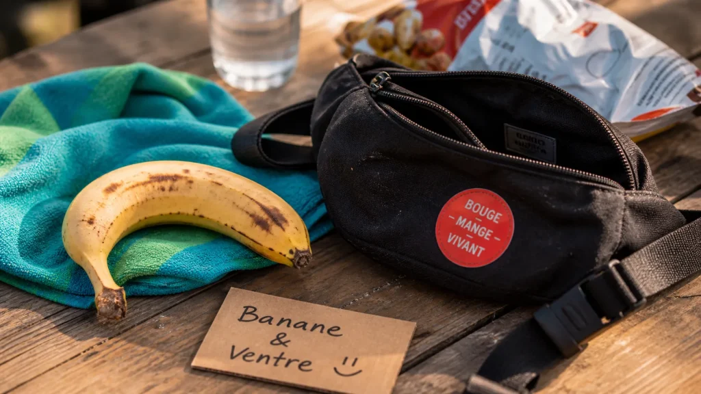 Banane ventre : sac pratique pour ballonnements, banane et eau sur table