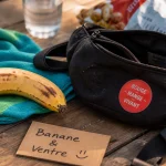 Banane ventre : sac pratique pour ballonnements, banane et eau sur table