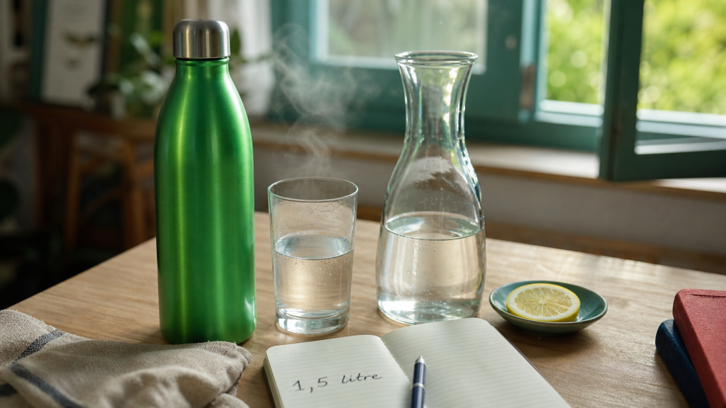 Combien d’eau boire par jour : gourde et verre d’eau sur table