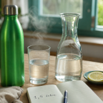 Combien d’eau boire par jour : gourde et verre d’eau sur table