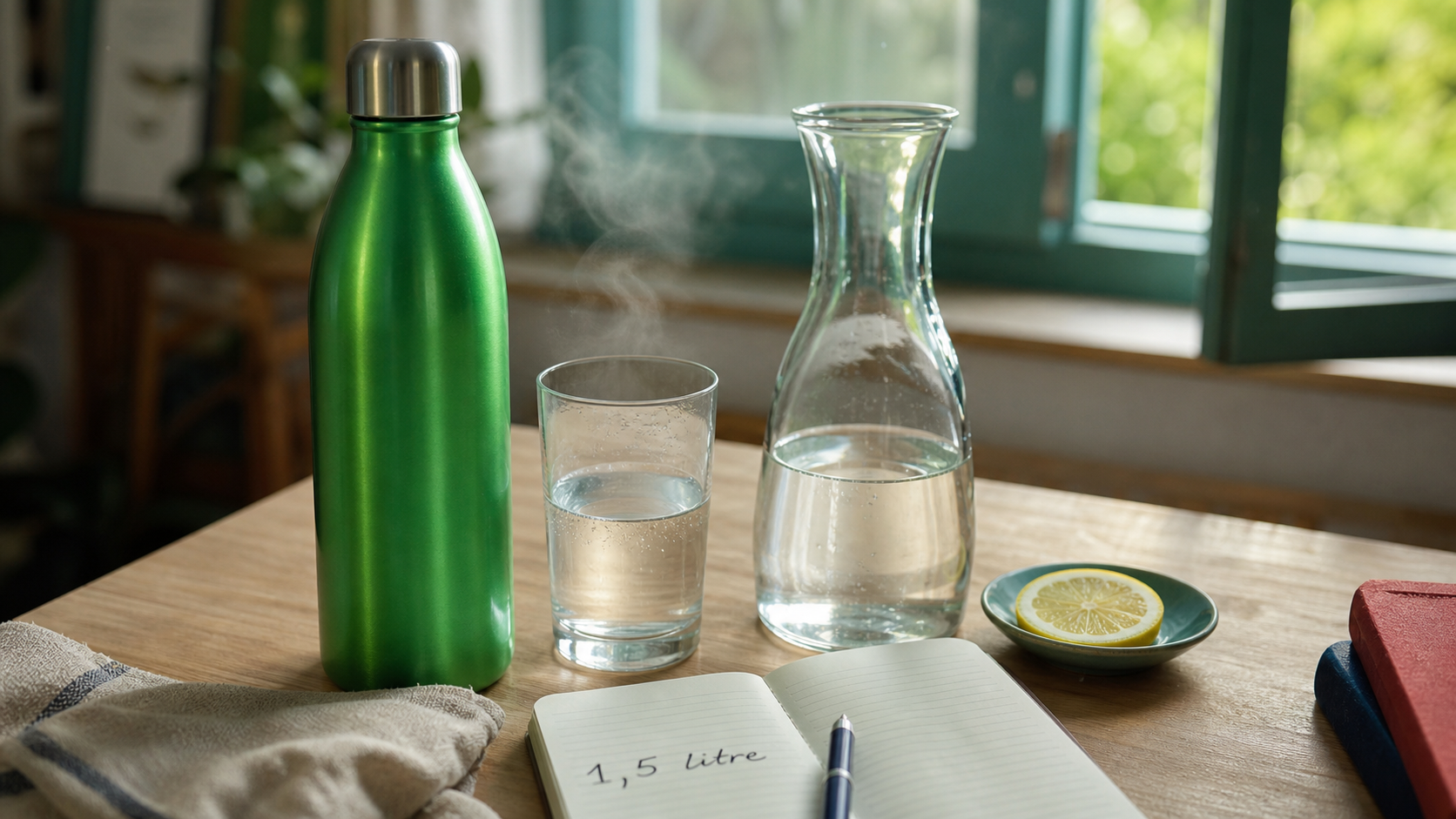 Combien d’eau boire par jour : gourde et verre d’eau sur table
