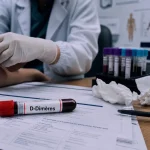 Prise de sang D dimeres eleves et inflammation, main gantée en consultation