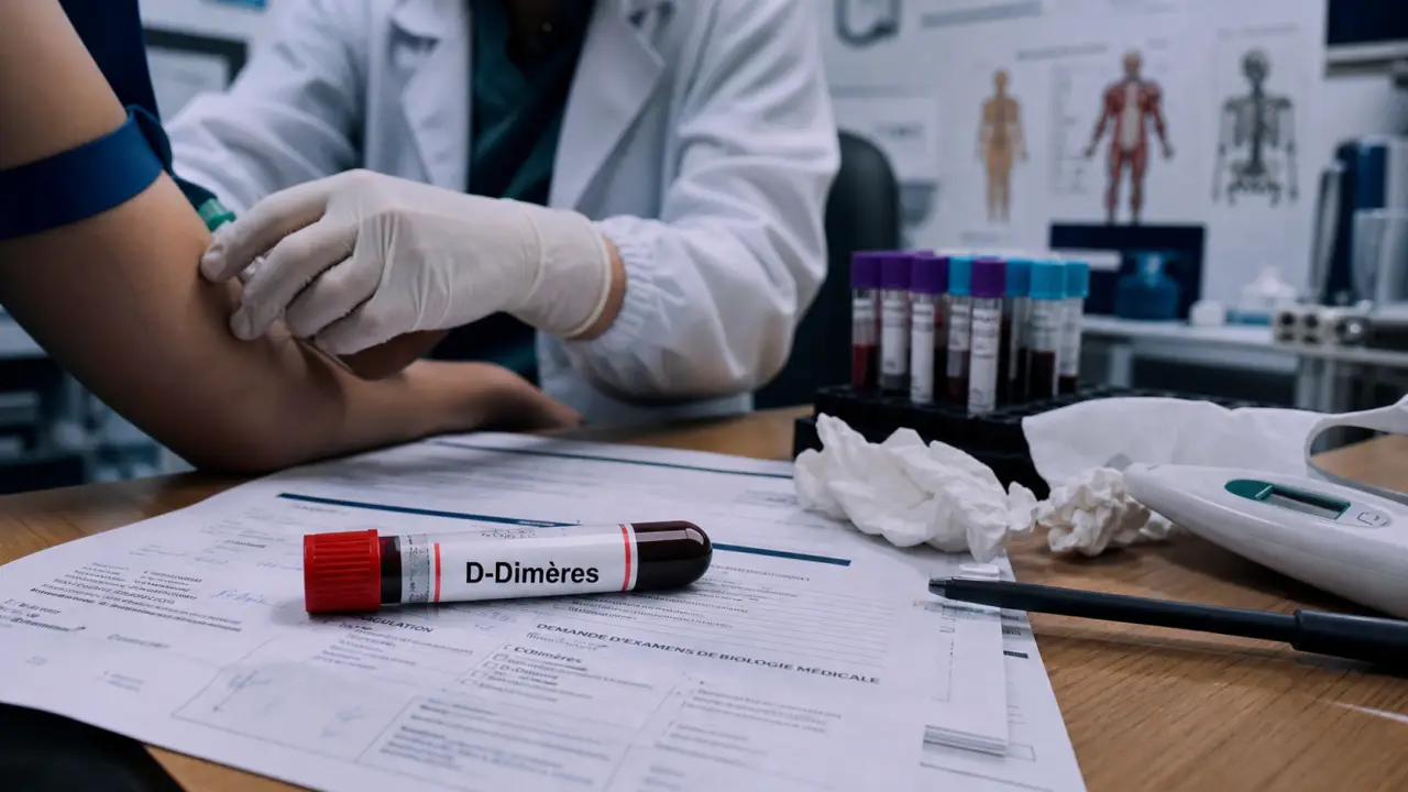 Prise de sang D dimeres eleves et inflammation, main gantée en consultation